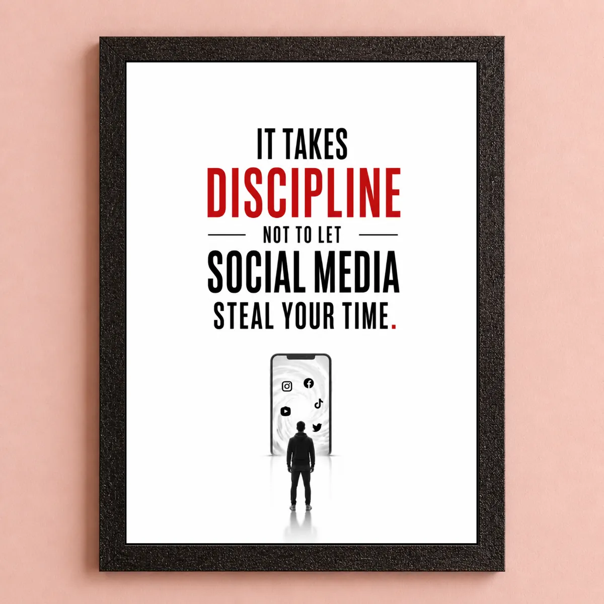 1 Discipline photo frames for wall – motivational quotes frames – poster with frame – Discipline poster for Room decor – Quotes walls frames – (8 X 12 inches) A4 Size (It takes discipline not to let social media steal your time.) - Image 1